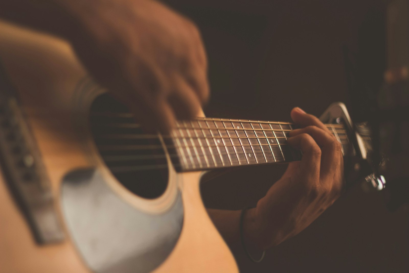 Close-up of hands playing chords on an acoustic guitar